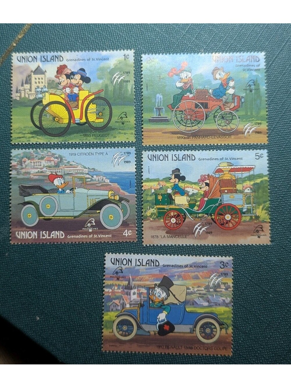 DISNEY STAMPS UNION ISLAND ANTIQUE CARS 5 STAMPS MICKEY AND PALS 1989 MNH
